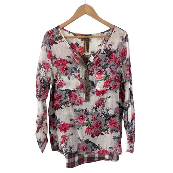 Size Medium ARATTA SILENT JOURNEY FLORAL PLAID SEMI-SHEER TOP Shirt Blouse - Picture 2 of 11